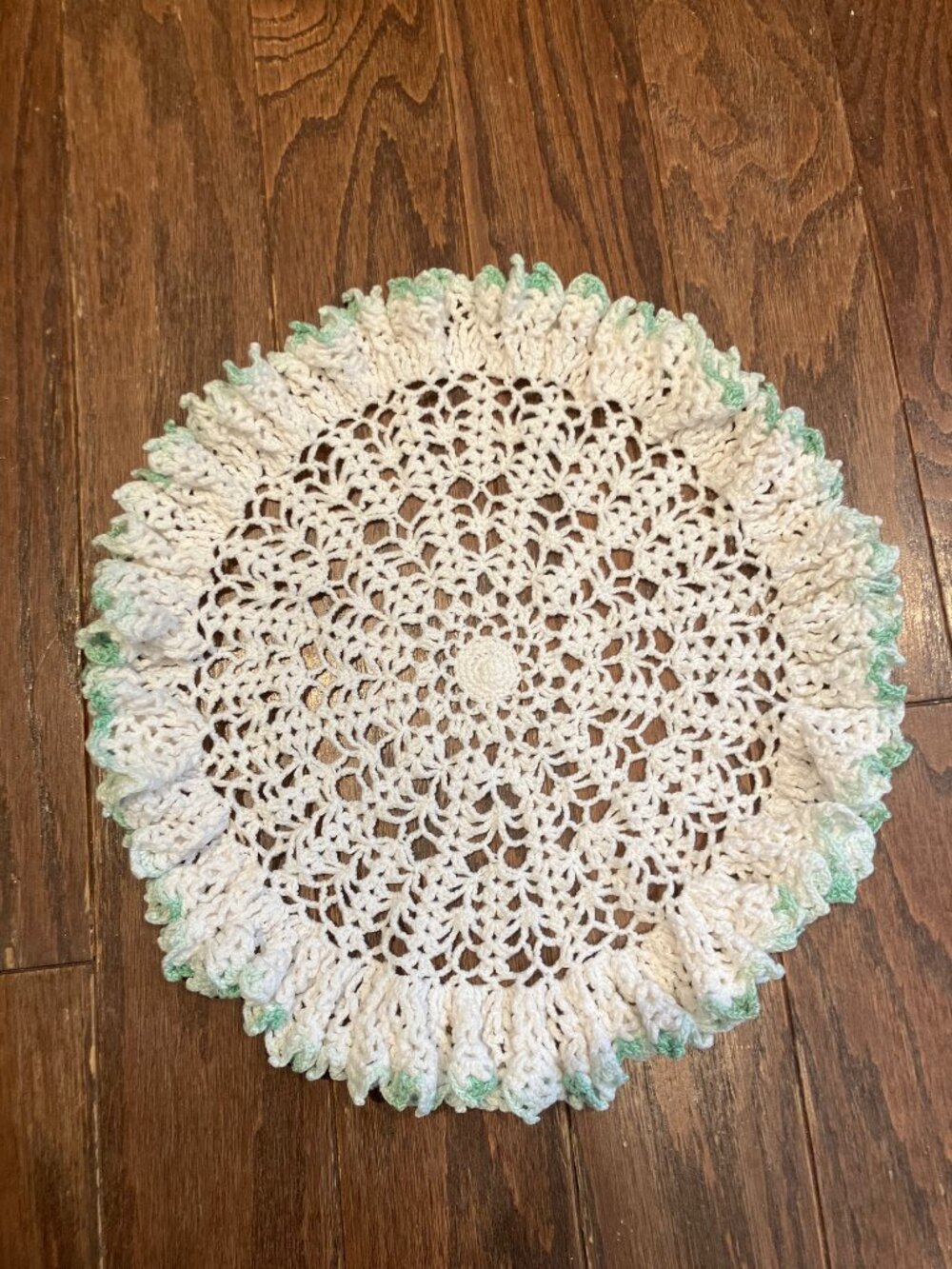 Vintage Handmade Crochet Doily 12" Diameter White/Teal Green Ruffled Trim